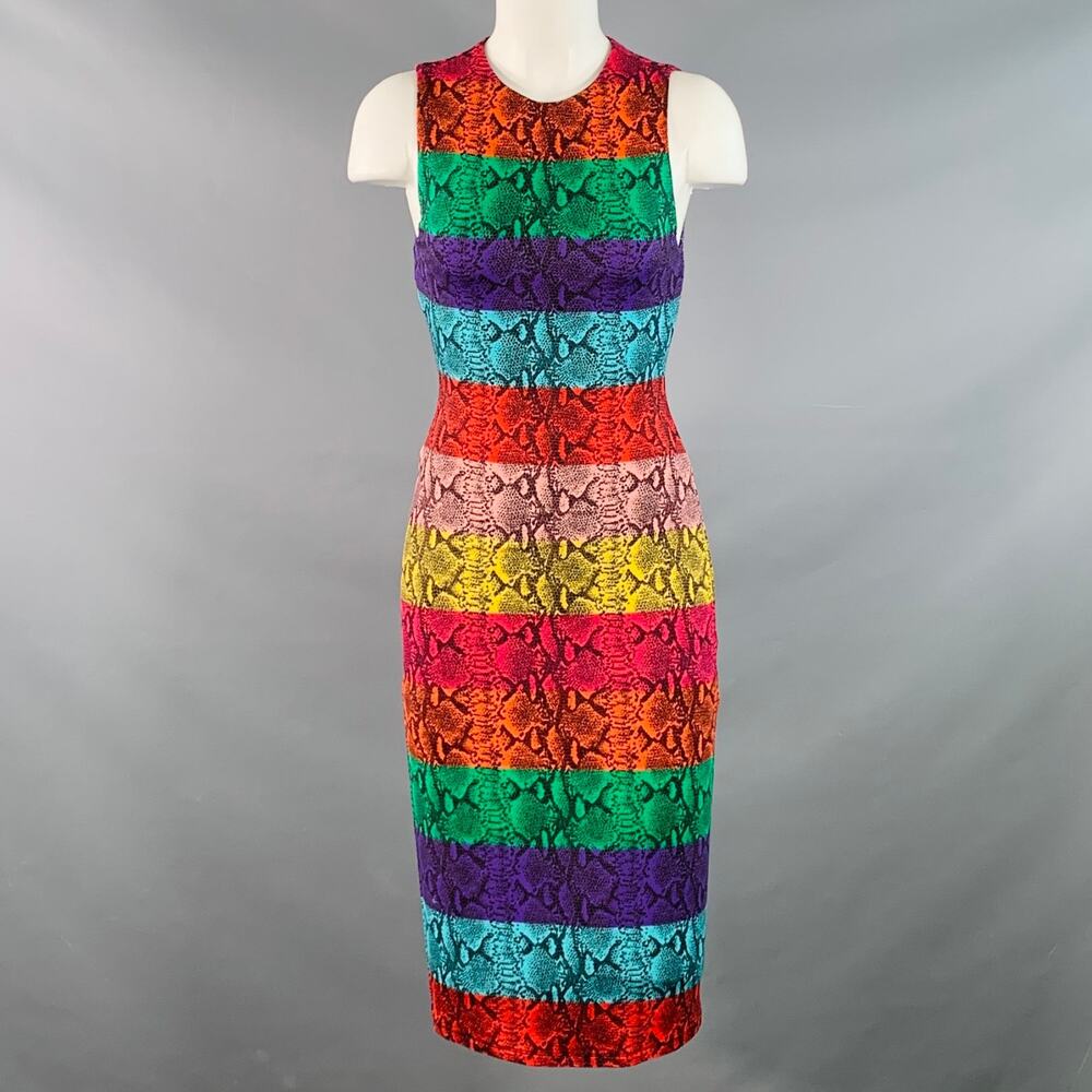 ALICE + OLIVIA 0 Multi Color Viscose Blend Animal Print Stripe Shift Midi Dress